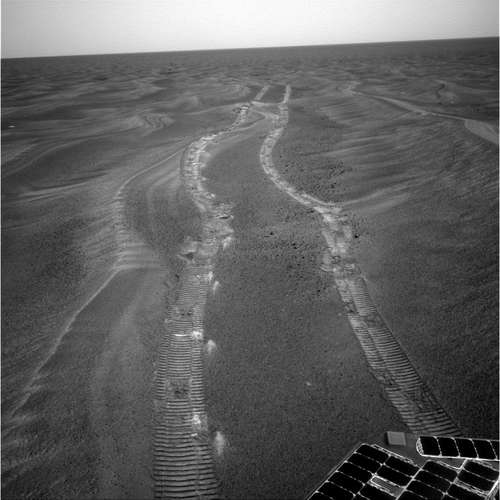 Left Navigation Camera Non-linearized Full frame EDR acquired on
Sol 630 of Opportunity's mission to Meridiani Planum at approximately
11:14:42 Mars local solar time. NASA/JPL
